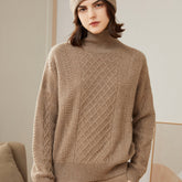 Turtleneck Loose Pullover Cable Pattern Knitted  Cashmere Sweater